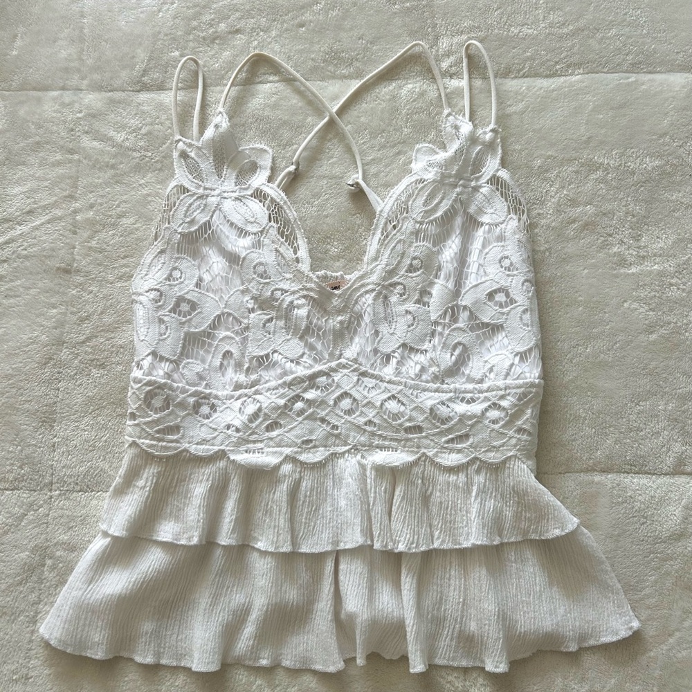 Francesca's White Lace Ruffle Top